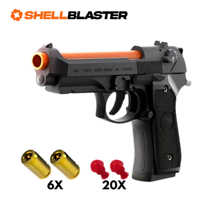 Emerald toy shell blaster pistol — detail shot of slide, grip and trigger