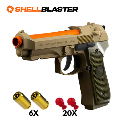 Emerald toy shell blaster pistol — full kit contents with casings and plastic darts