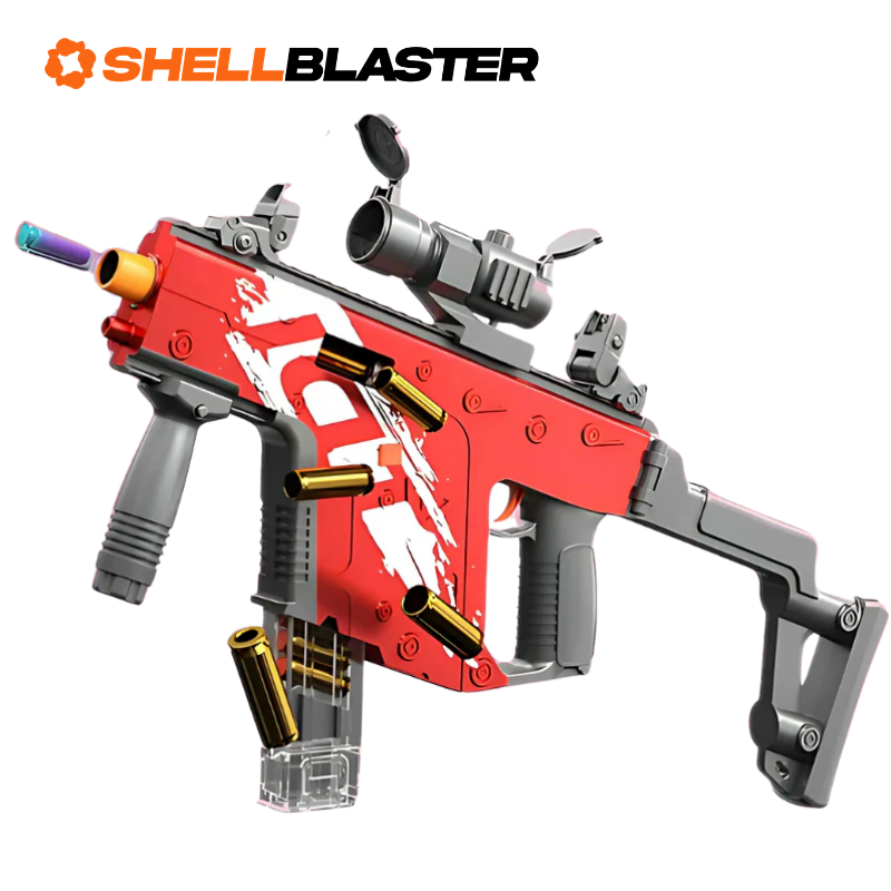 Red MP5 UZI style SMG shellblaster with red dot sight, silencer and extended magazine