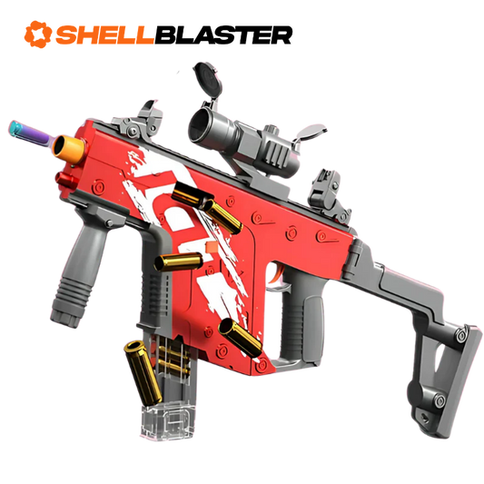 Red MP5 UZI style SMG shellblaster with red dot sight, silencer and extended magazine