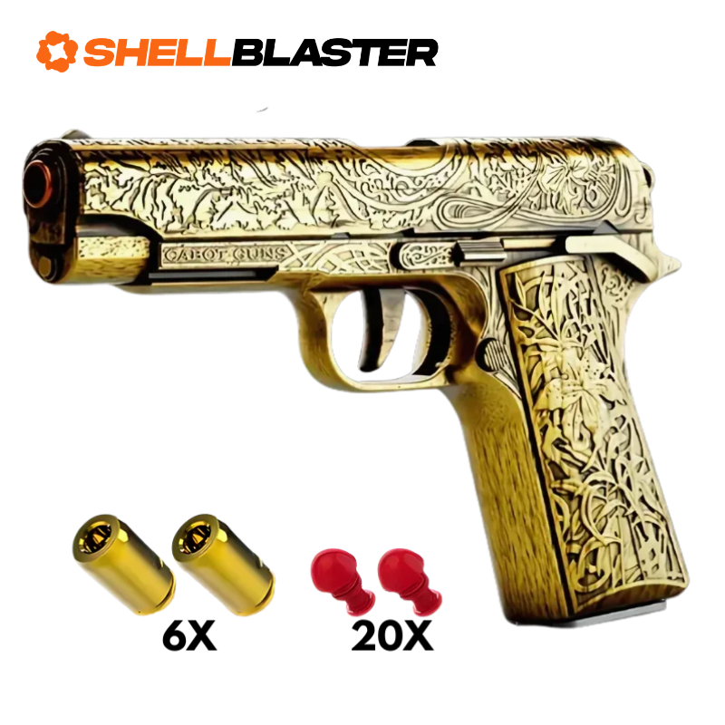 Gold engraved 1911 Cabot Guns style shellblaster pistol with casings and darts