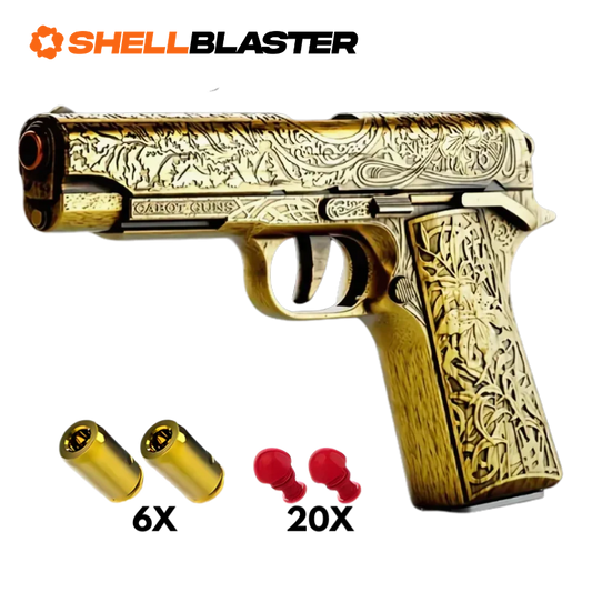 Gold engraved 1911 Cabot Guns style shellblaster pistol with casings and darts