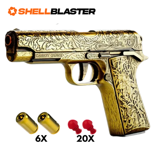 Gold engraved 1911 Cabot Guns style shellblaster pistol with casings and darts