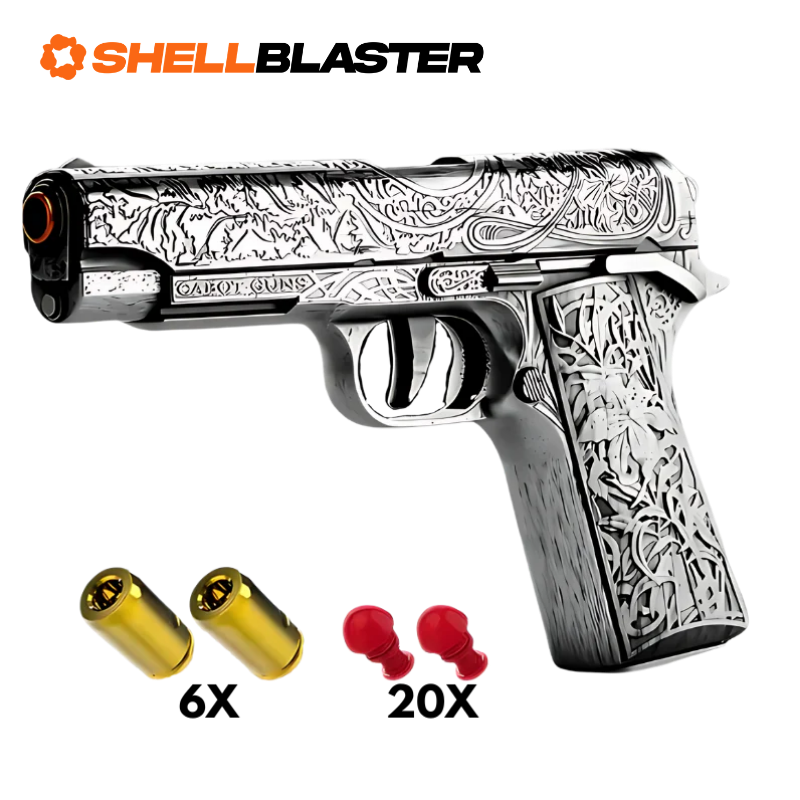 Titan Pro toy shell blaster pistol — detail shot of slide, grip and trigger