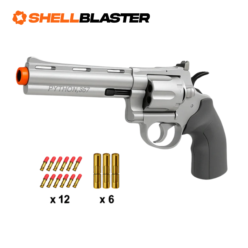 Silver snub-nose shellblaster revolver with six gold casings and twelve red darts
