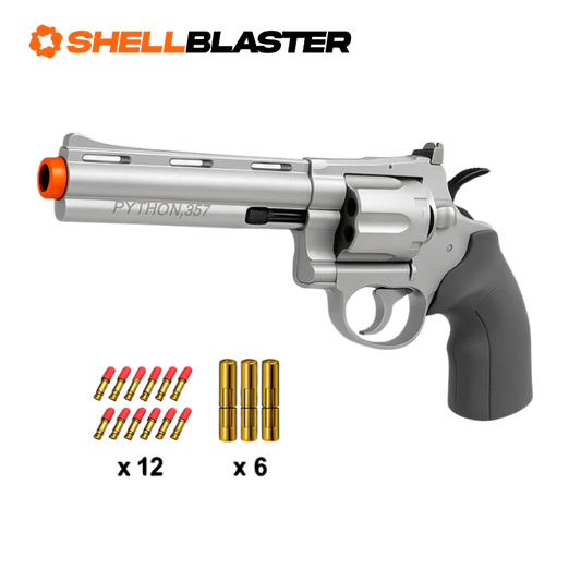 Silver snub-nose shellblaster revolver with six gold casings and twelve red darts