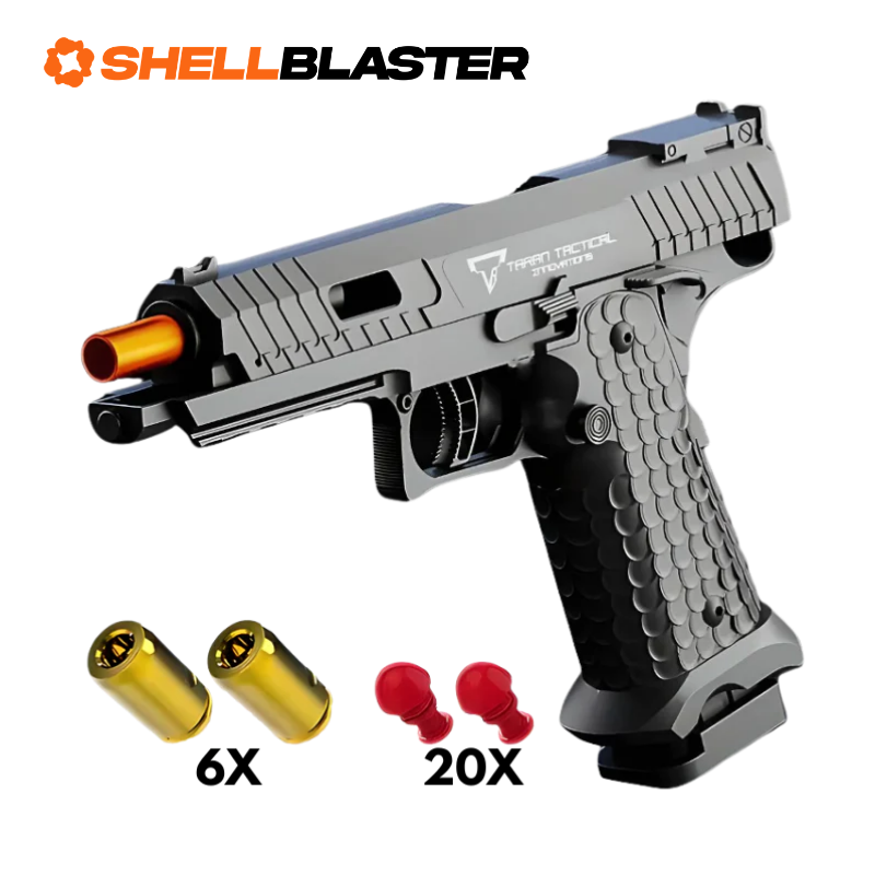 Grey and silver 2011 double-stack competition shellblaster pistol with casings and darts
