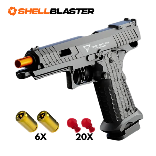 Grey and silver 2011 double-stack competition shellblaster pistol with casings and darts