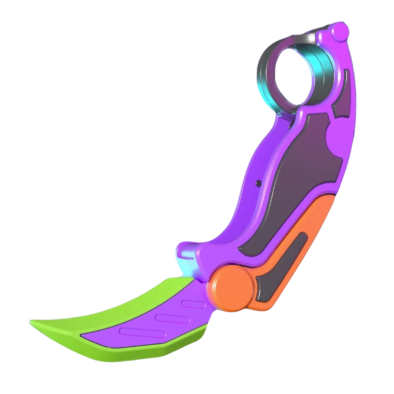 Orange, purple and green toy karambit-style fidget blade