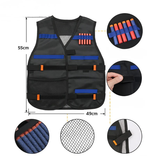 Black tactical battle vest with dart holders and pouches for shell blaster battles