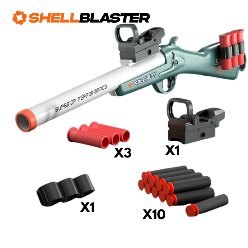 Raptor pump-action shell blaster shotgun — detail shot of slide, grip and trigger