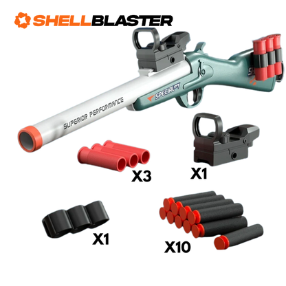 Raptor pump-action shell blaster shotgun — detail shot of slide, grip and trigger