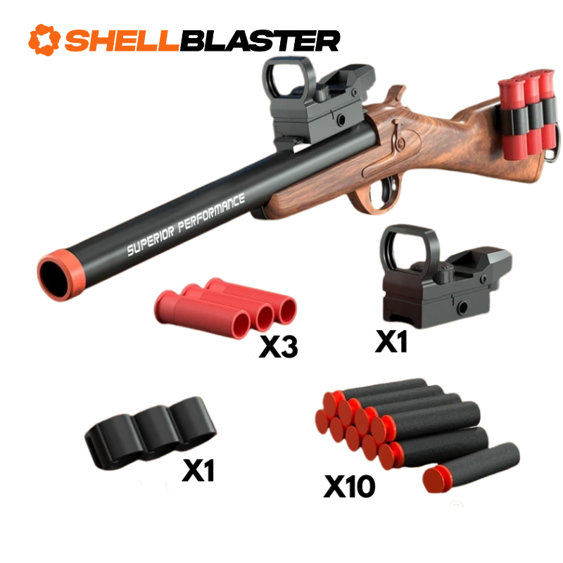 Tan bullpup pump-action shotgun shellblaster with red dot sight, shells and darts