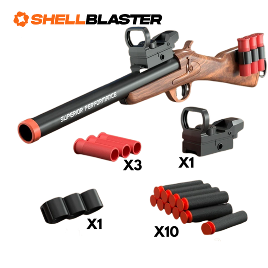 Tan bullpup pump-action shotgun shellblaster with red dot sight, shells and darts