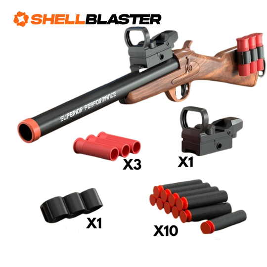 Tan bullpup pump-action shotgun shellblaster with red dot sight, shells and darts