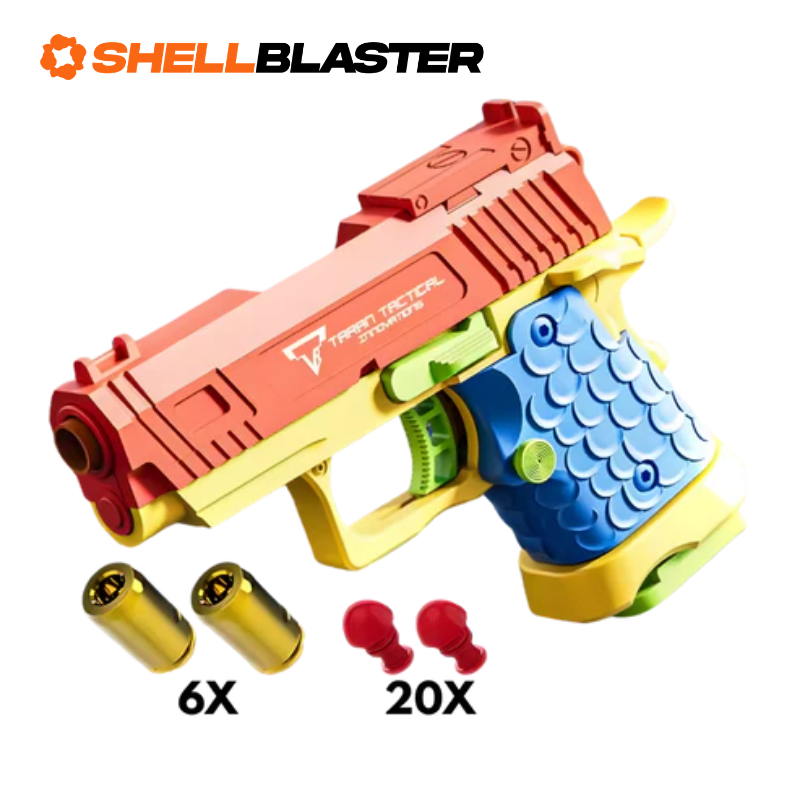 Red, blue and yellow kids Glock style shellblaster pistol with casings and darts