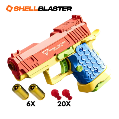Red, blue and yellow kids Glock style shellblaster pistol with casings and darts