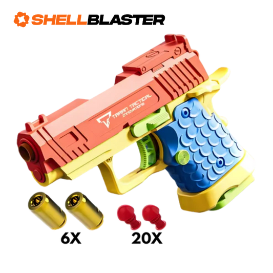Red, blue and yellow kids Glock style shellblaster pistol with casings and darts