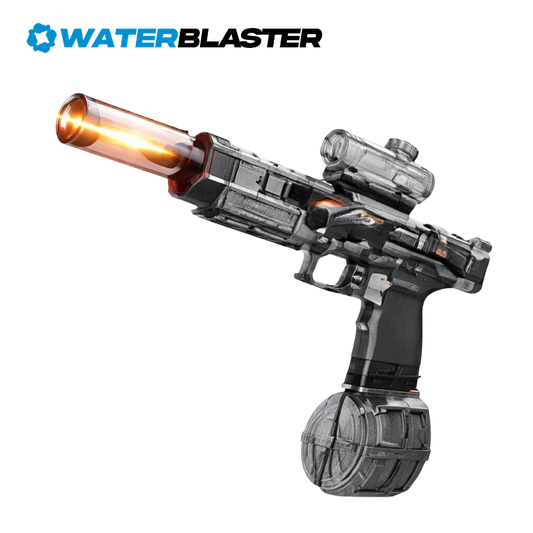Futuristic electric water blaster with drum tank and USB-C charging