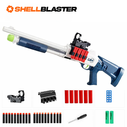 Dark blue pump-action shotgun shellblaster with shells, dart magazine and tactical accessories