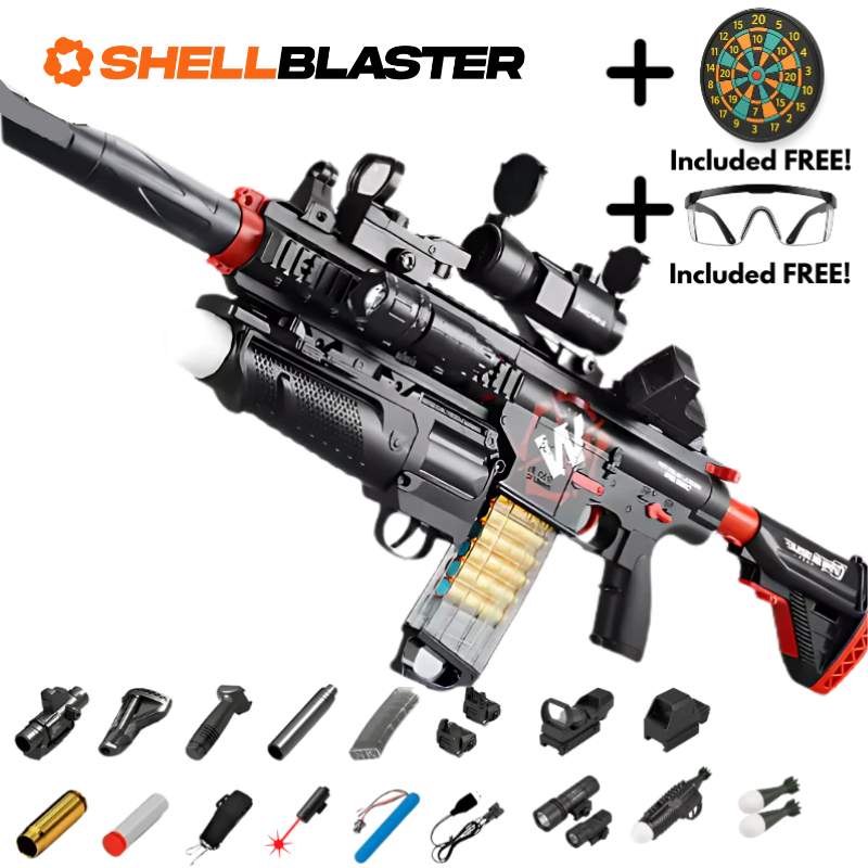Black M4 carbine shellblaster mega bundle with scope, silencer, bipod, vest and dartboard