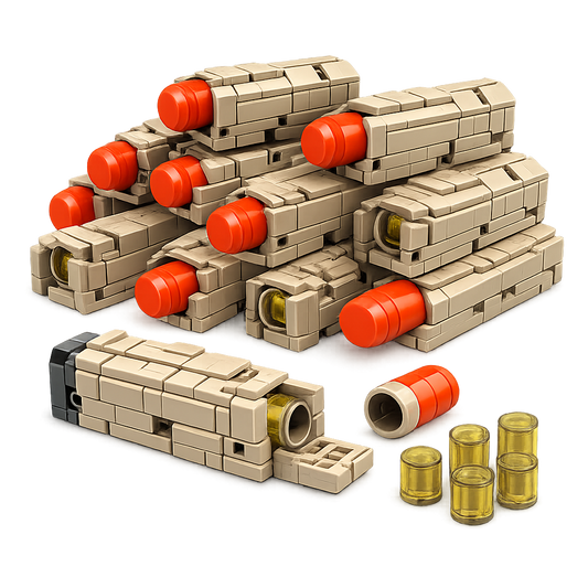 Brick-built shotgun shell refill pack with tan blocks and red tips