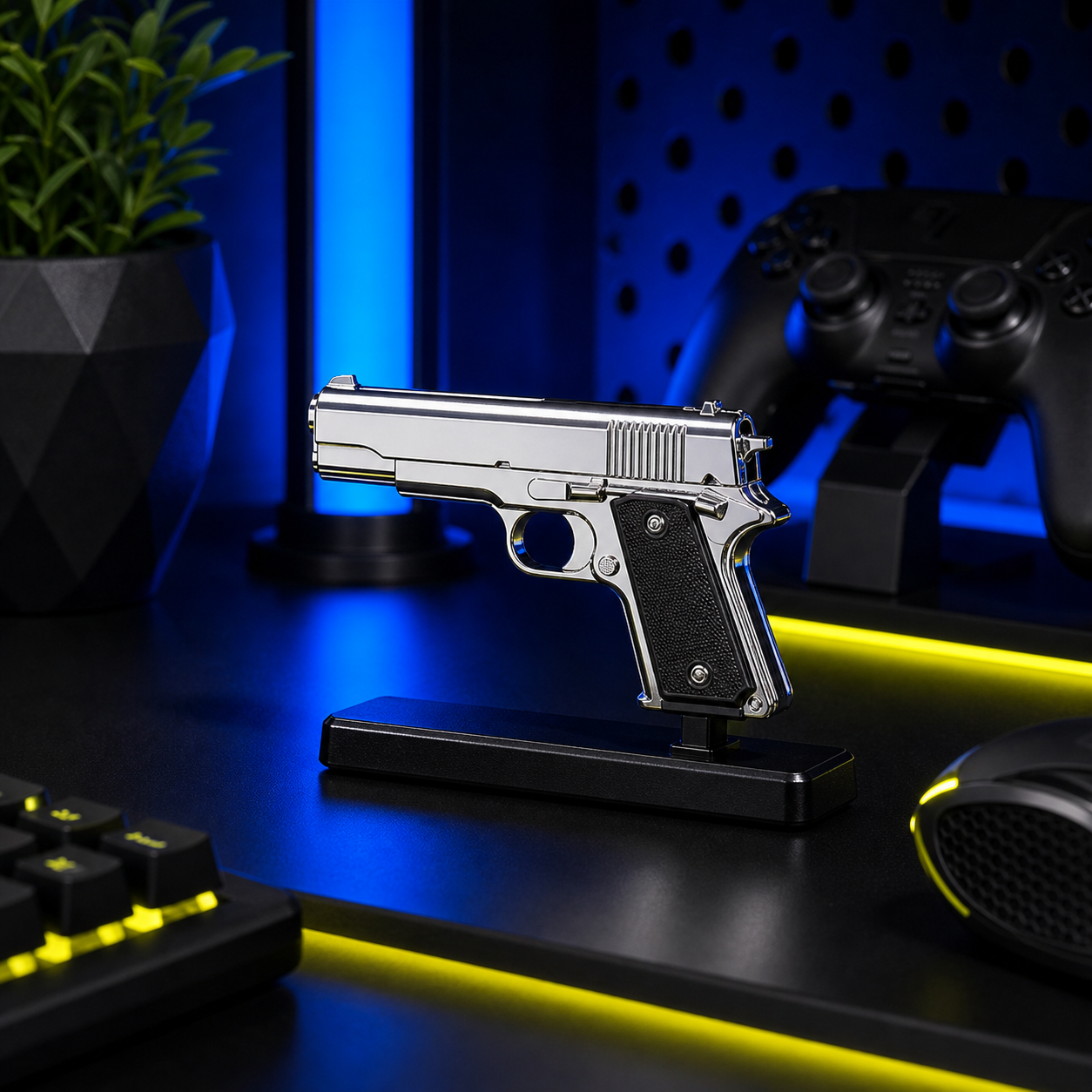 Chrome Pistol Display Model shown on a collector desk or shelf display