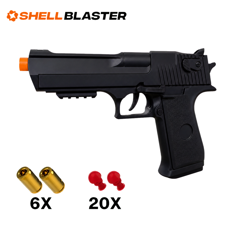 Black Desert ShellBlaster pistol with orange tip, six gold shell casings and twenty red foam darts