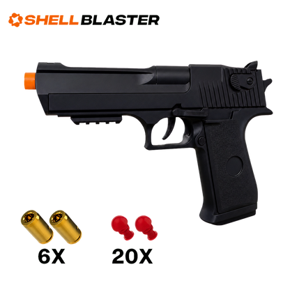 Black Desert ShellBlaster pistol with orange tip, six gold shell casings and twenty red foam darts