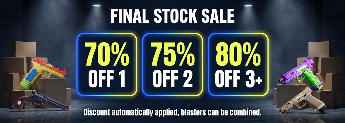 GetBlaster Final Stock Sale — 70% off 1, 75% off 2, 80% off 3+. Discount automatically applied, blasters can be combined.