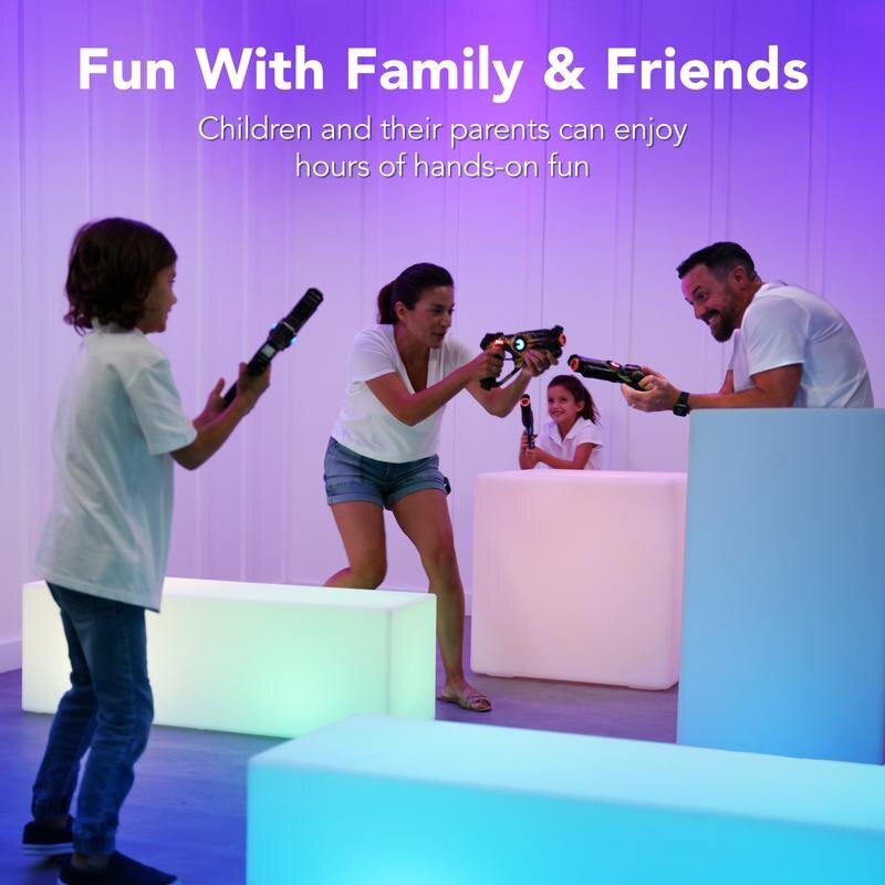 Family and friends playing laser tag together