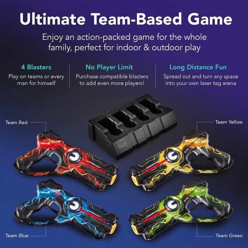 Four laser blasters and the charging dock, team-based play