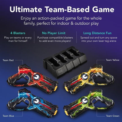 Four laser blasters and the charging dock, team-based play