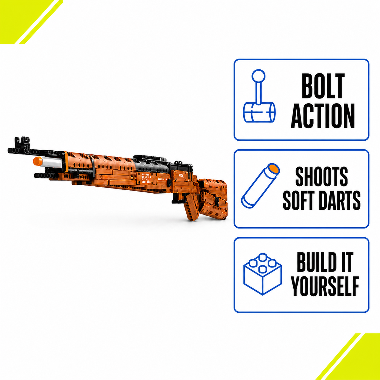 Kar 98K Brickblaster bolt action shoots soft darts build it yourself benefits