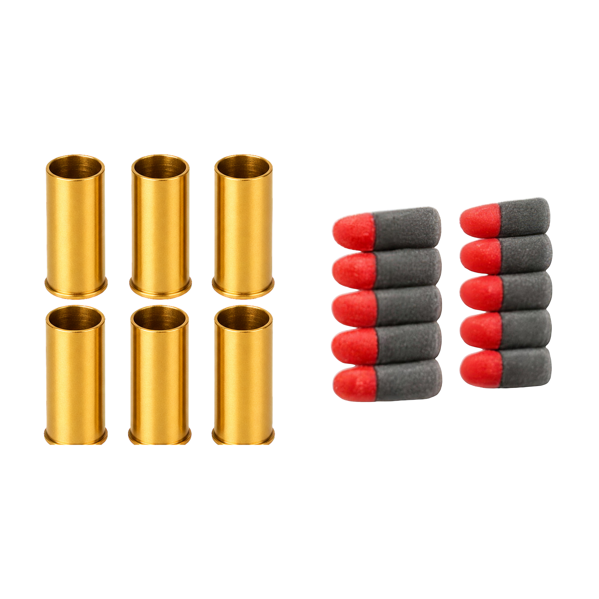 Outlaw 1873 refill pack with six gold shells and ten short gray foam darts with red tips
