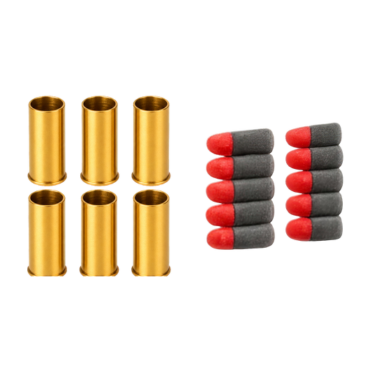 Outlaw 1873 refill pack with six gold shells and ten short gray foam darts with red tips