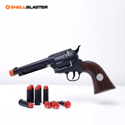 Outlaw 1873 Shellblaster in Black with wood-grain grip, six ejecting shells and soft suction-cup darts