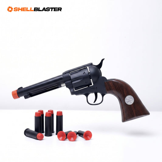 Outlaw 1873 Shellblaster in Black with wood-grain grip, six ejecting shells and soft suction-cup darts