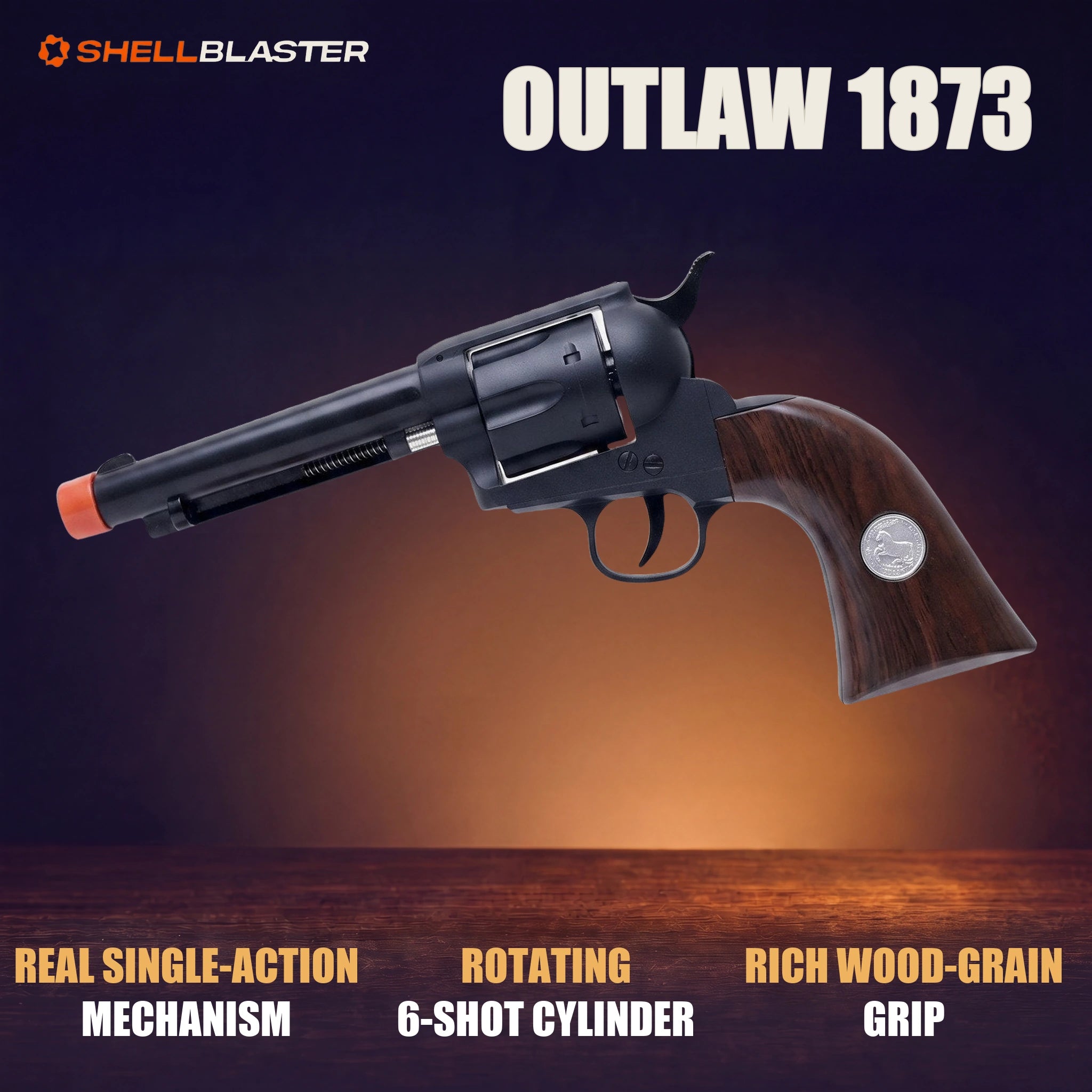 Outlaw 1873 revolver — wood-grain grip, spinning cylinder