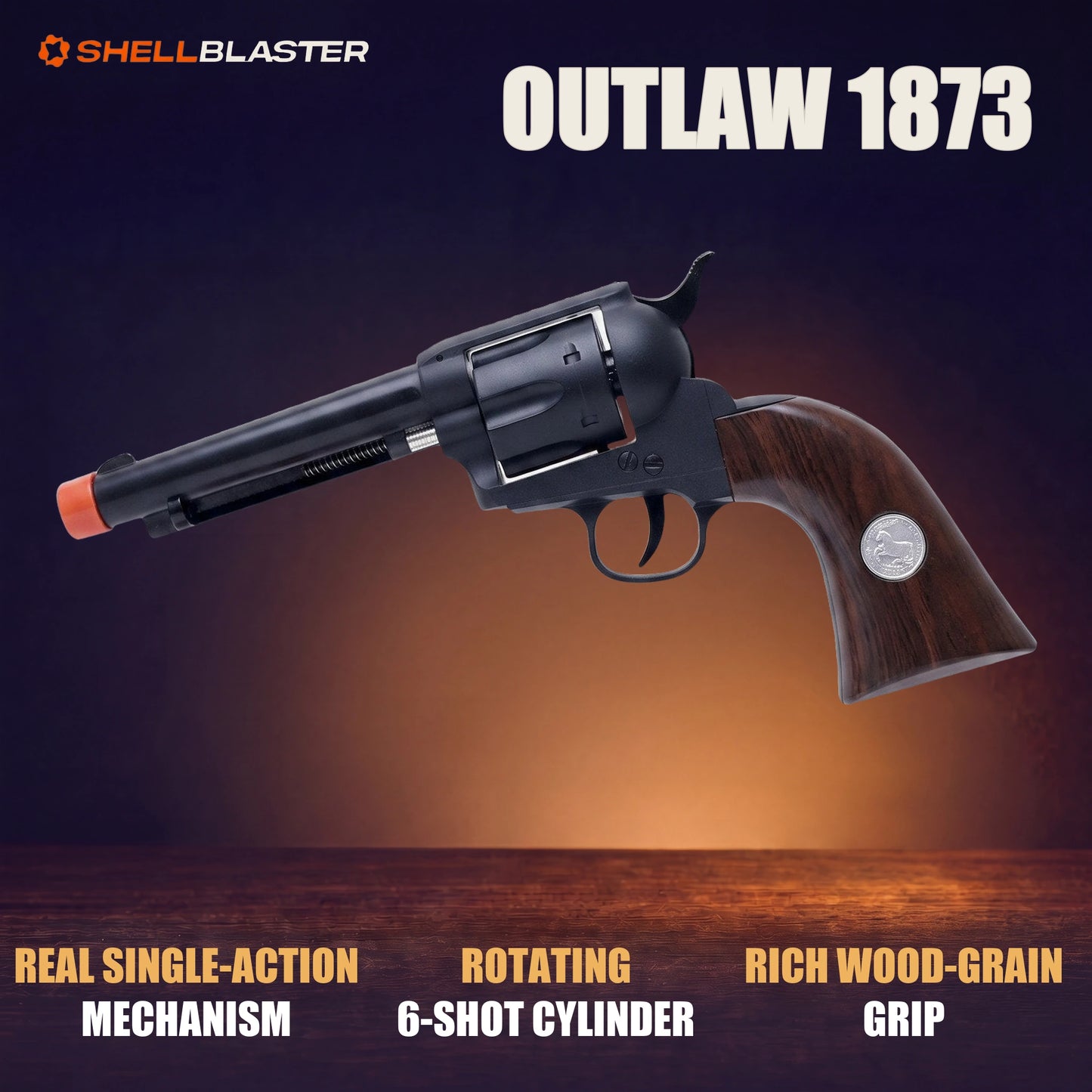 Outlaw 1873 premium details: single-action mechanism, rotating six-shot cylinder and wood-grain grip