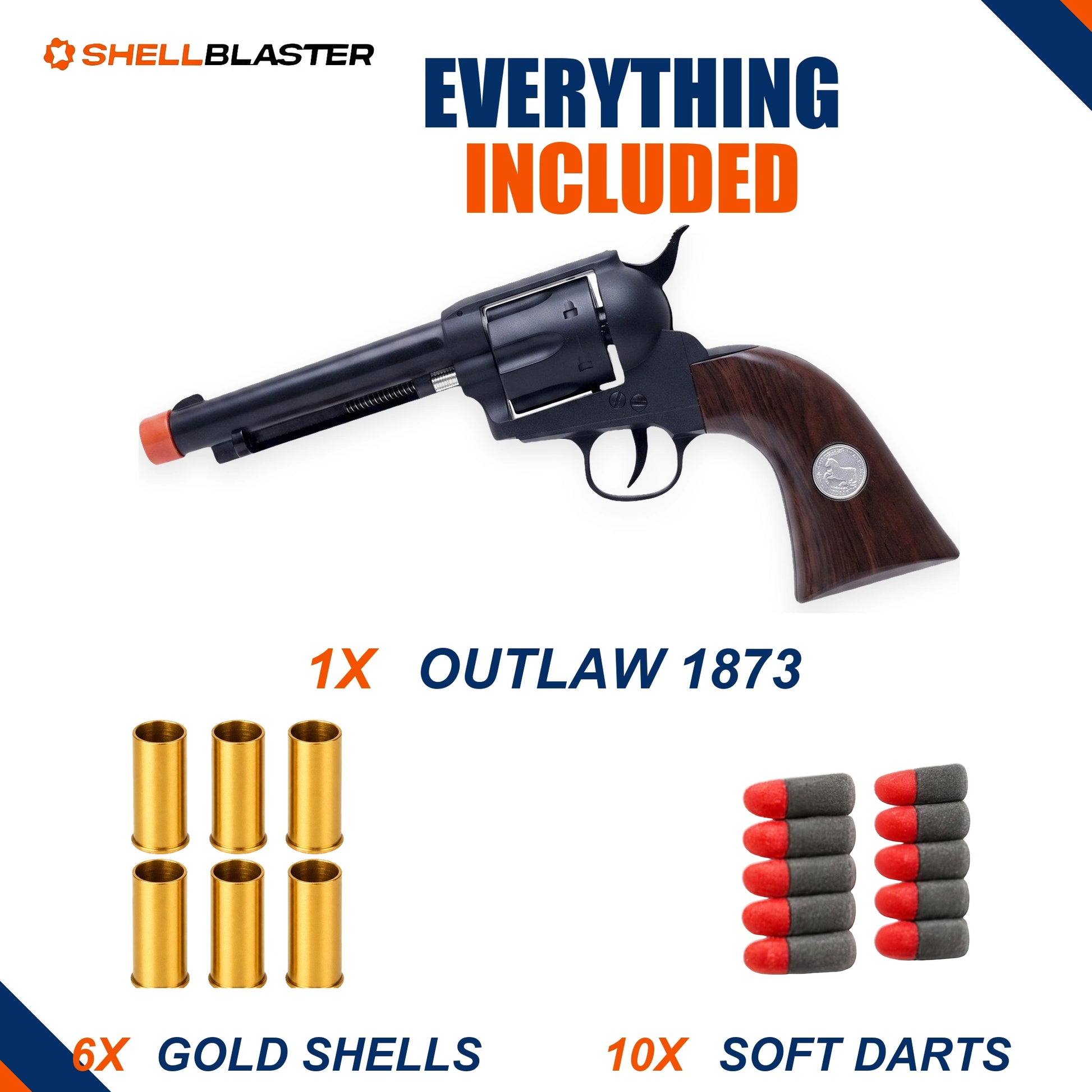 Everything included: one Outlaw 1873 toy revolver, six gold shells and ten short soft foam darts