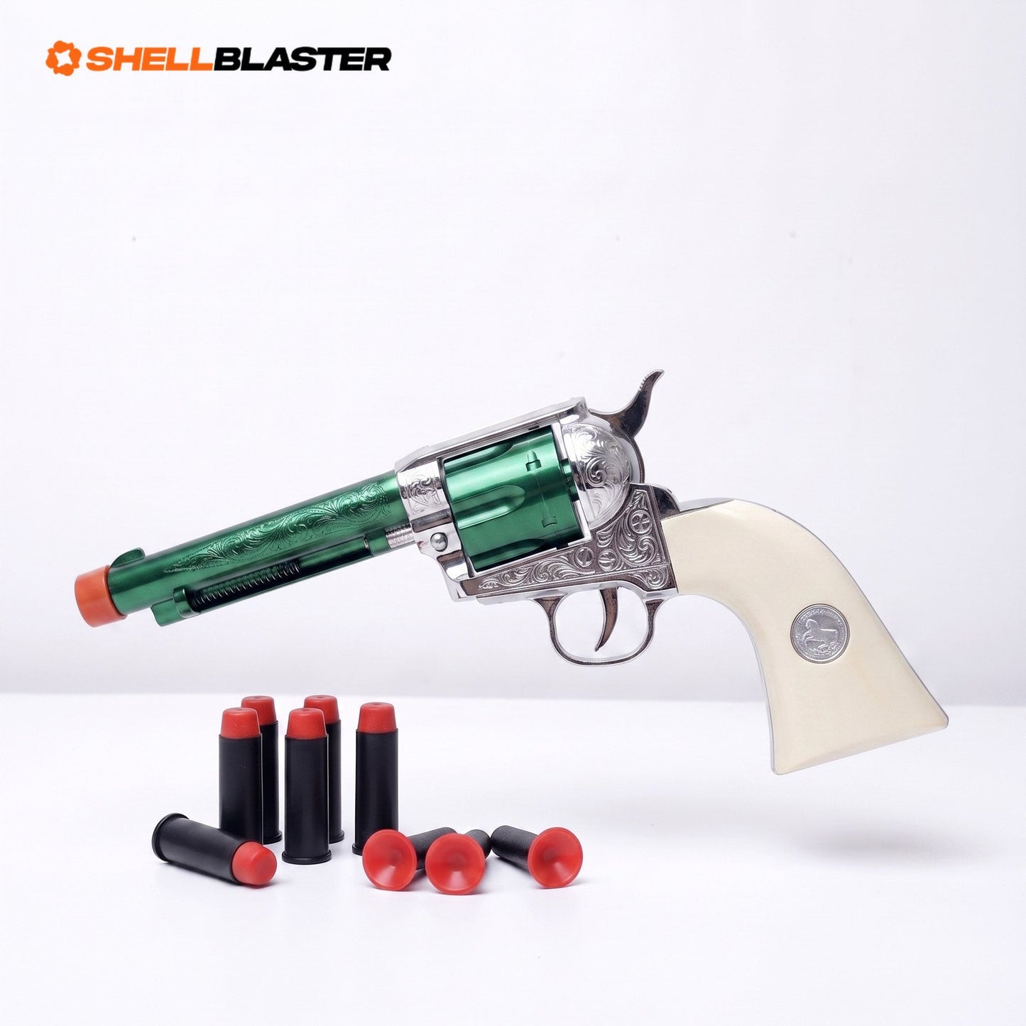 Outlaw 1873 Shellblaster in Green with engraved silver frame and ivory grip, six ejecting shells and soft suction-cup darts