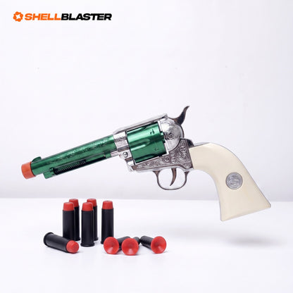 Outlaw 1873 Shellblaster in Green with engraved silver frame and ivory grip, six ejecting shells and soft suction-cup darts