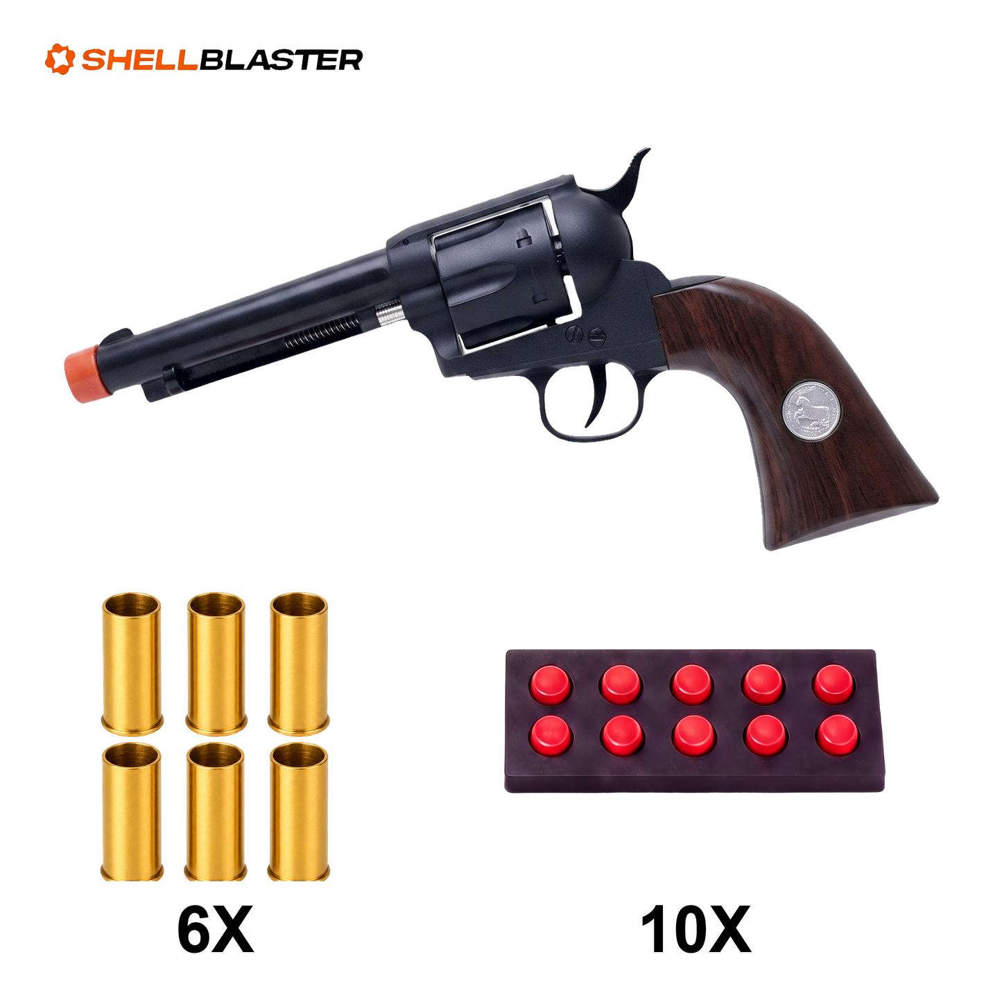 Outlaw 1873 toy revolver with six gold shells and ten soft foam darts in holder