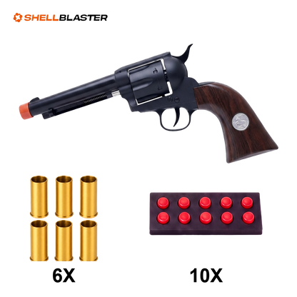 Outlaw 1873 toy revolver with six gold shells and ten soft foam darts in holder