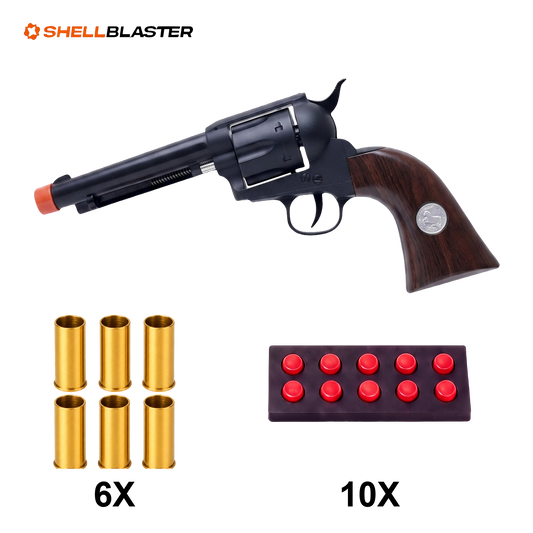 Outlaw 1873 toy revolver with six gold shells and ten soft foam darts in holder