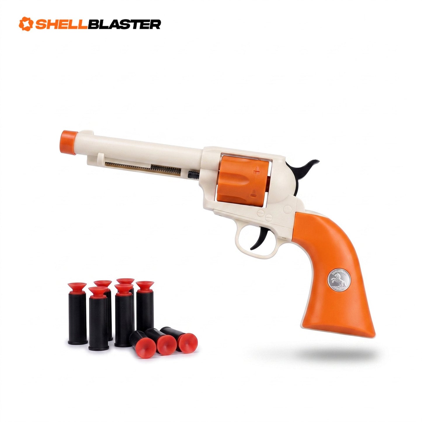 Outlaw 1873 Shellblaster in Orange with ivory frame, six ejecting shells and soft suction-cup darts