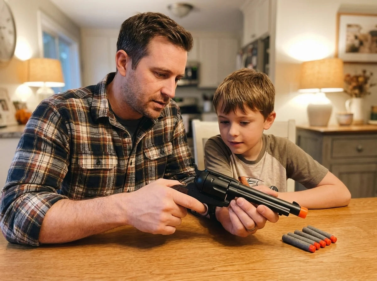 Dad showing his son how to handle the toy revolver safely