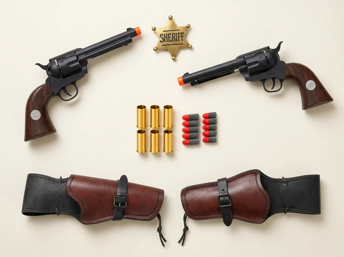 Duelist Set: two Outlaw revolvers, two holsters, sheriff badge, extra shells and darts