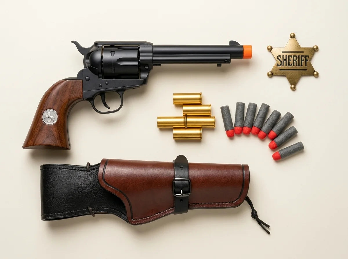Gunslinger Kit: Outlaw revolver, holster, sheriff badge, extra shells and darts